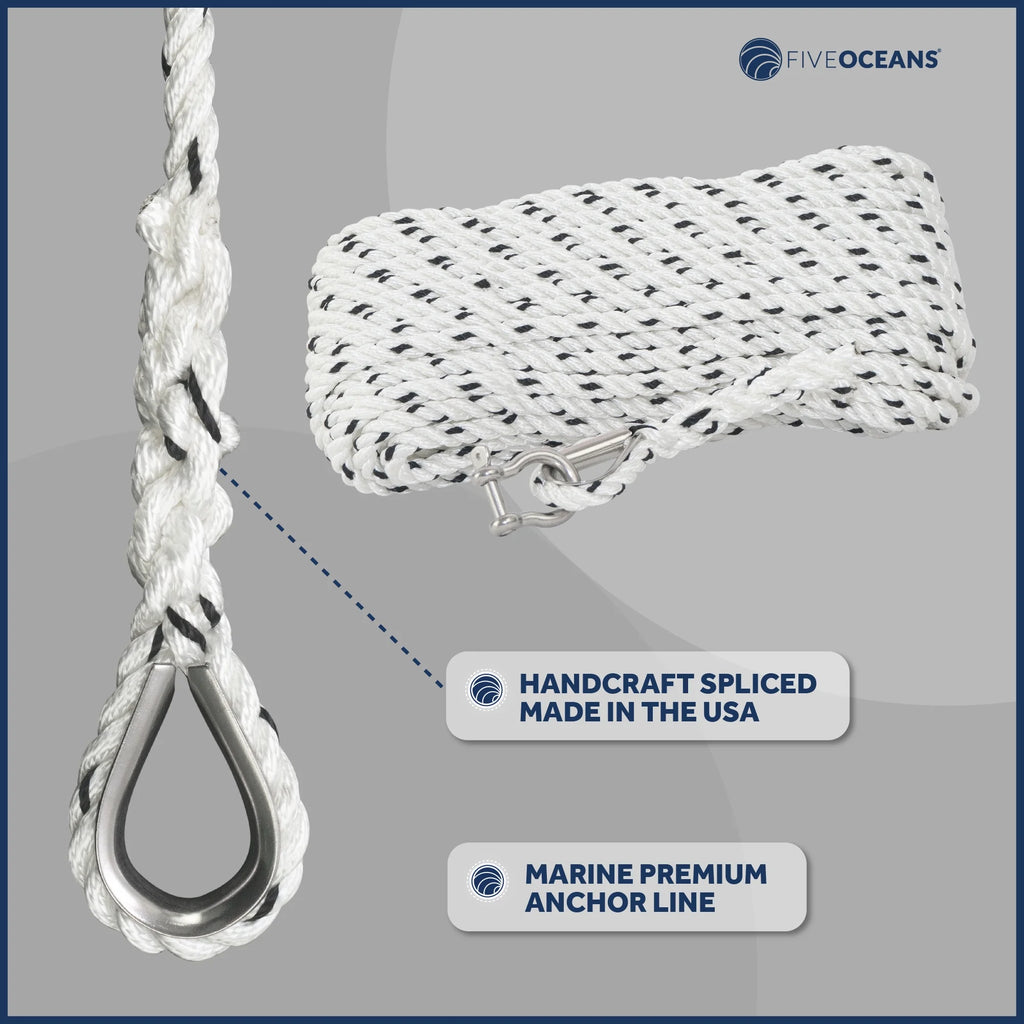 3/8 inch x 75 ft 3-Strand White Nylon Anchor Rope with Stainless Steel Thimble and Schakle K581