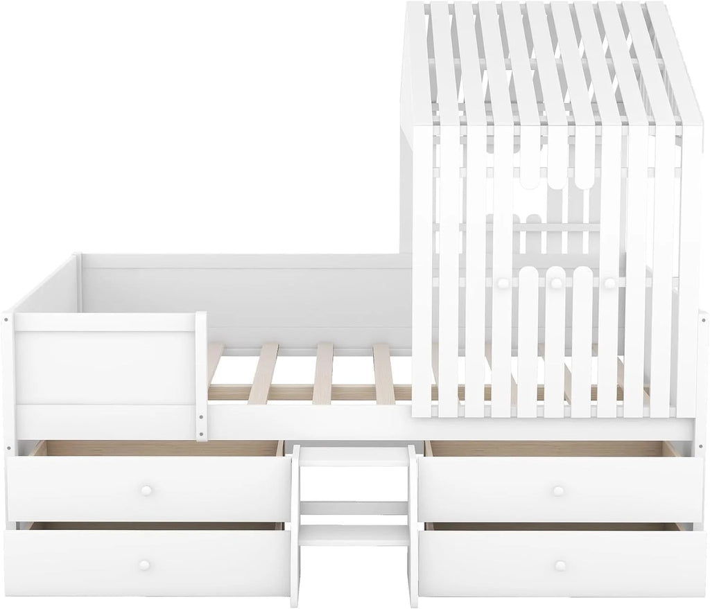 White Full Size Wood House Bed with 4 Drawers S97969