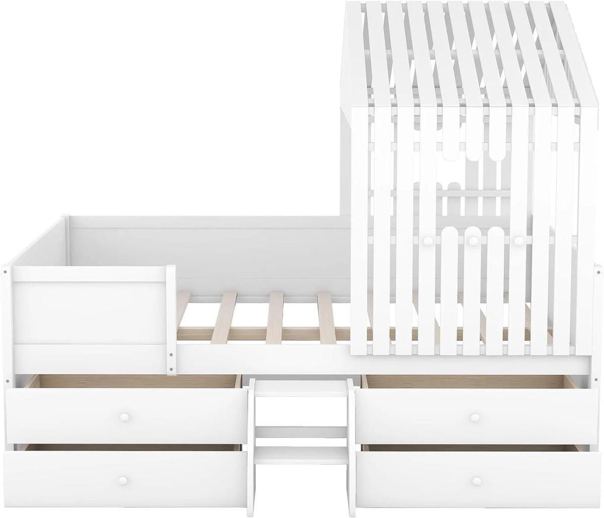 White Full Size Wood House Bed with 4 Drawers S97969