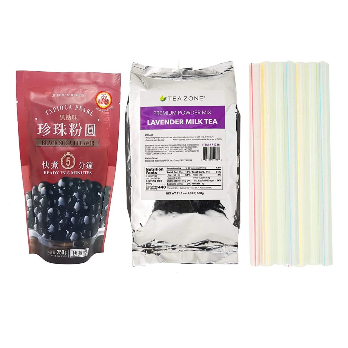 Lavender Milk Tea Bubble Tea DIY Kit with Black Boba Tapioca Pearl and 10 Straws L2960