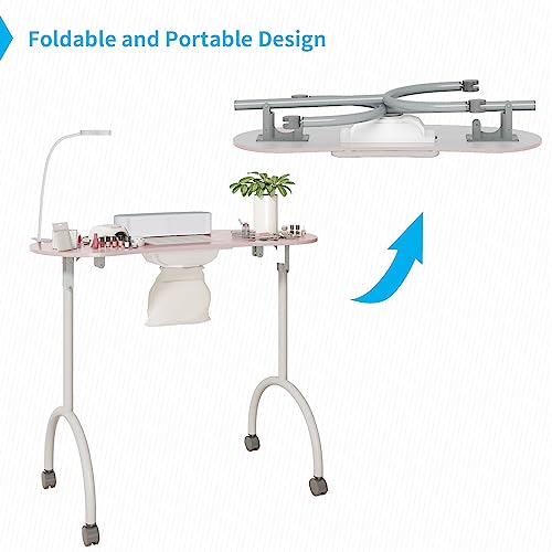 Portable Foldable Manicure Nail Table with Dust Collector Fan, LED Lamp, 4 Lockable Wheels and Carry Bag, Pink J326