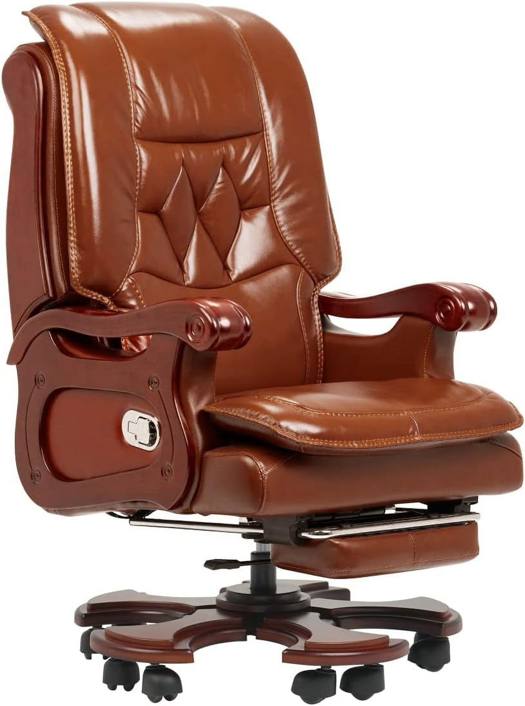 Massage Office Chair with Footrest Genuine Leather Fully Reclining Solid Wood Handrail Adjustable Tilt Back Angle Black X19178