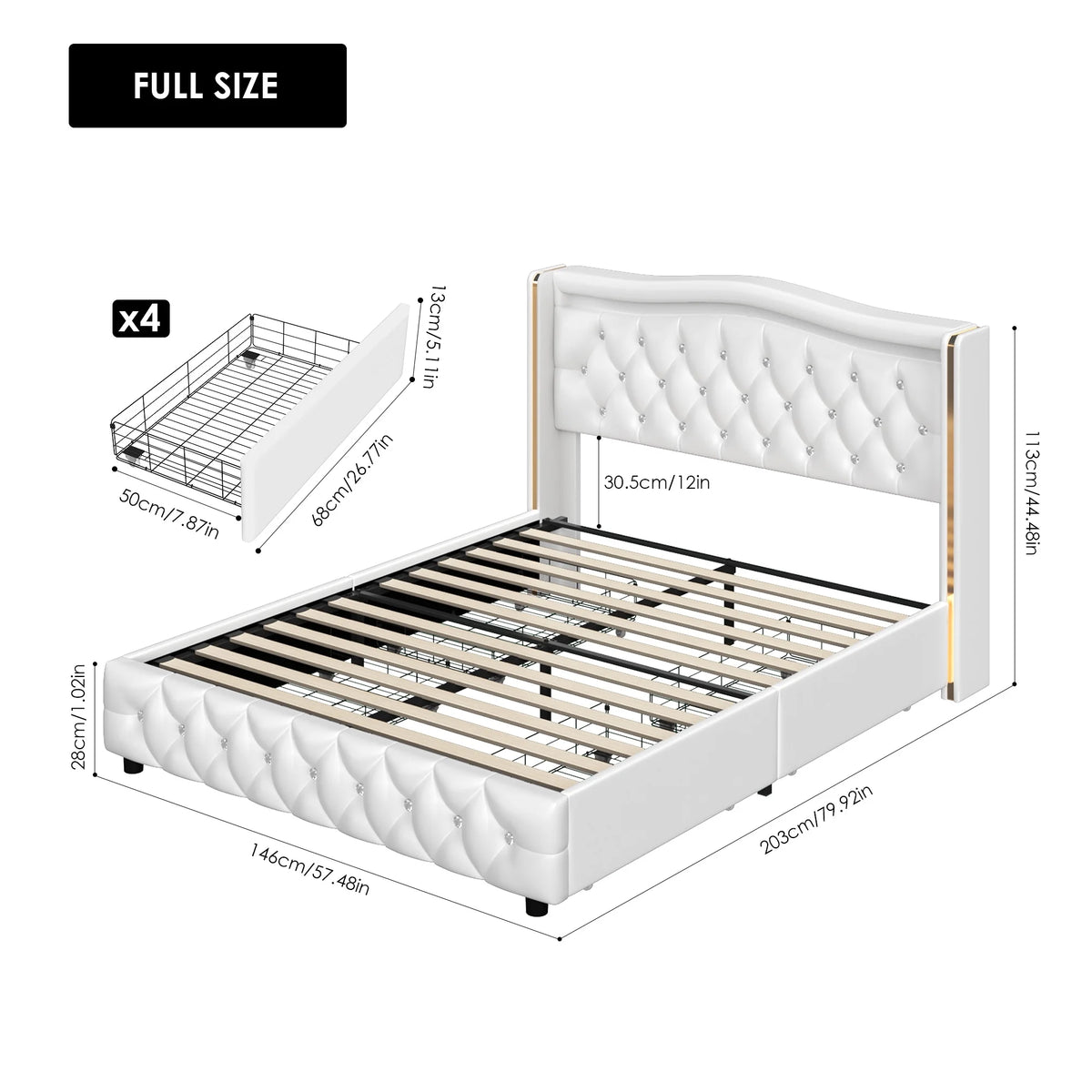 White Full Size LED Bed Frame with 4 Storage Drawers S486