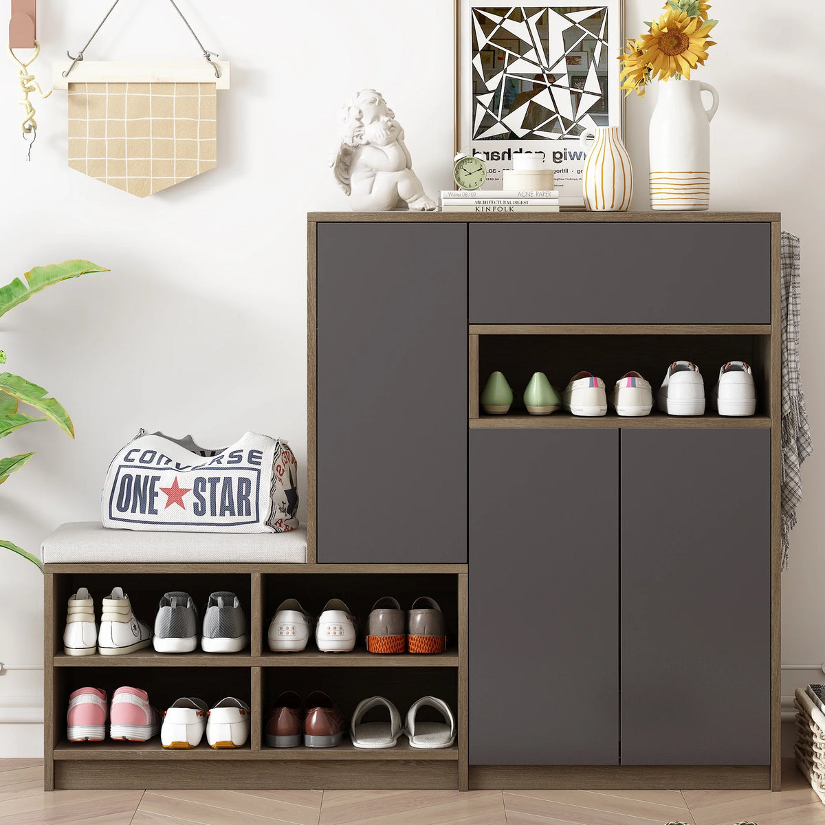 Dark Grey Shoe Storage Bench with Padded Seat and Adjustable Shelves M15363