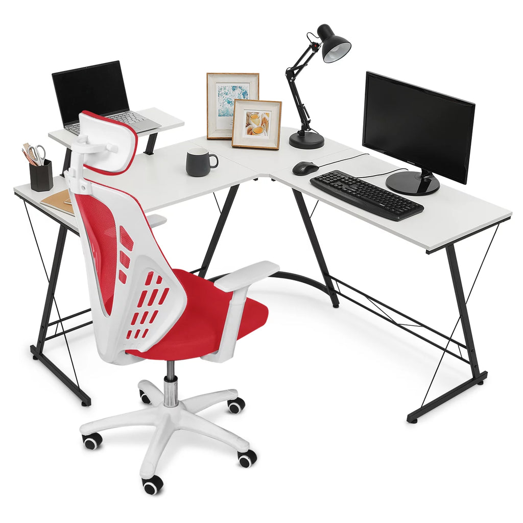 White L Shaped Computer Desk & Chair Set with Monitor Stand X9363