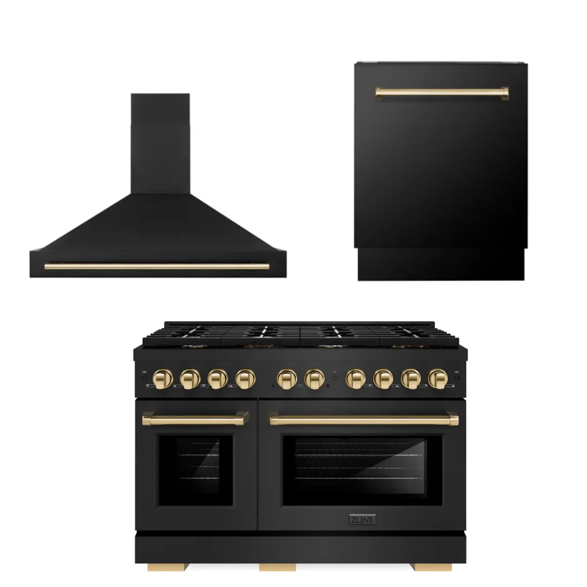 48 In. Gas Range, Range Hood, Dishwasher in Black Stainless Steel H618