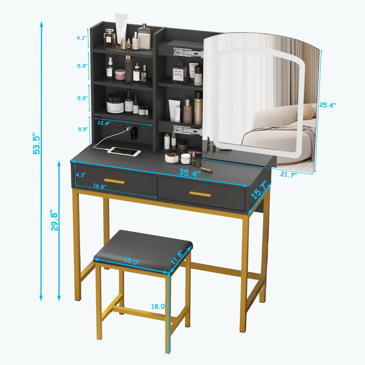 35 inch Vanity Desk with Lighted Mirror and Drawers M815