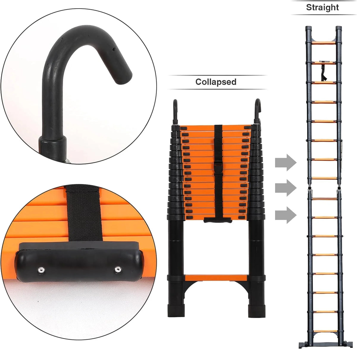 Telescoping Ladder 10.5 FT Aluminum with 2 Detachable Roof Hooks and 2 Triangle Stabilizers Y97877